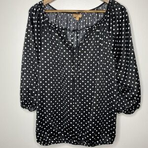 Ellen Tracy Blouse Top 2X V-Neck Elastic Hem Polka-Dot Tie Black‎ Size